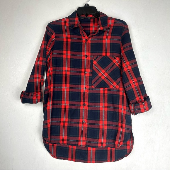 Zara | Trafaluc roll tab long sleeve button up plaid red multicolor shirt top - Picture 13 of 16